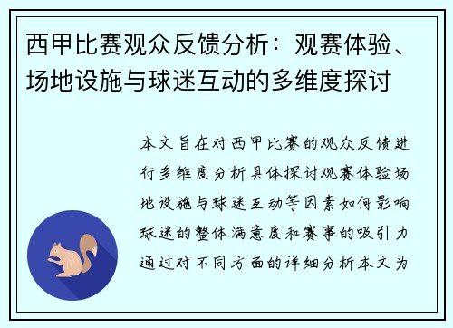 西甲比赛观众反馈分析：观赛体验、场地设施与球迷互动的多维度探讨