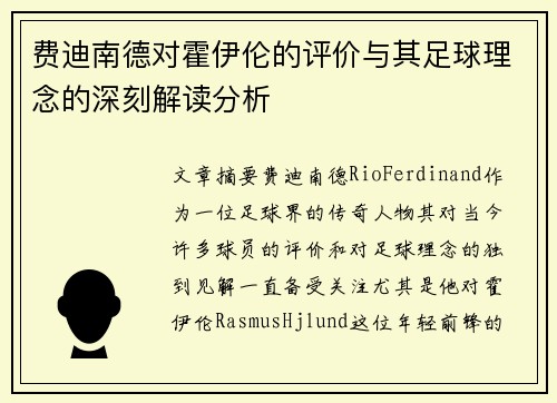 费迪南德对霍伊伦的评价与其足球理念的深刻解读分析