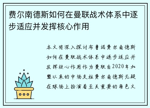 费尔南德斯如何在曼联战术体系中逐步适应并发挥核心作用
